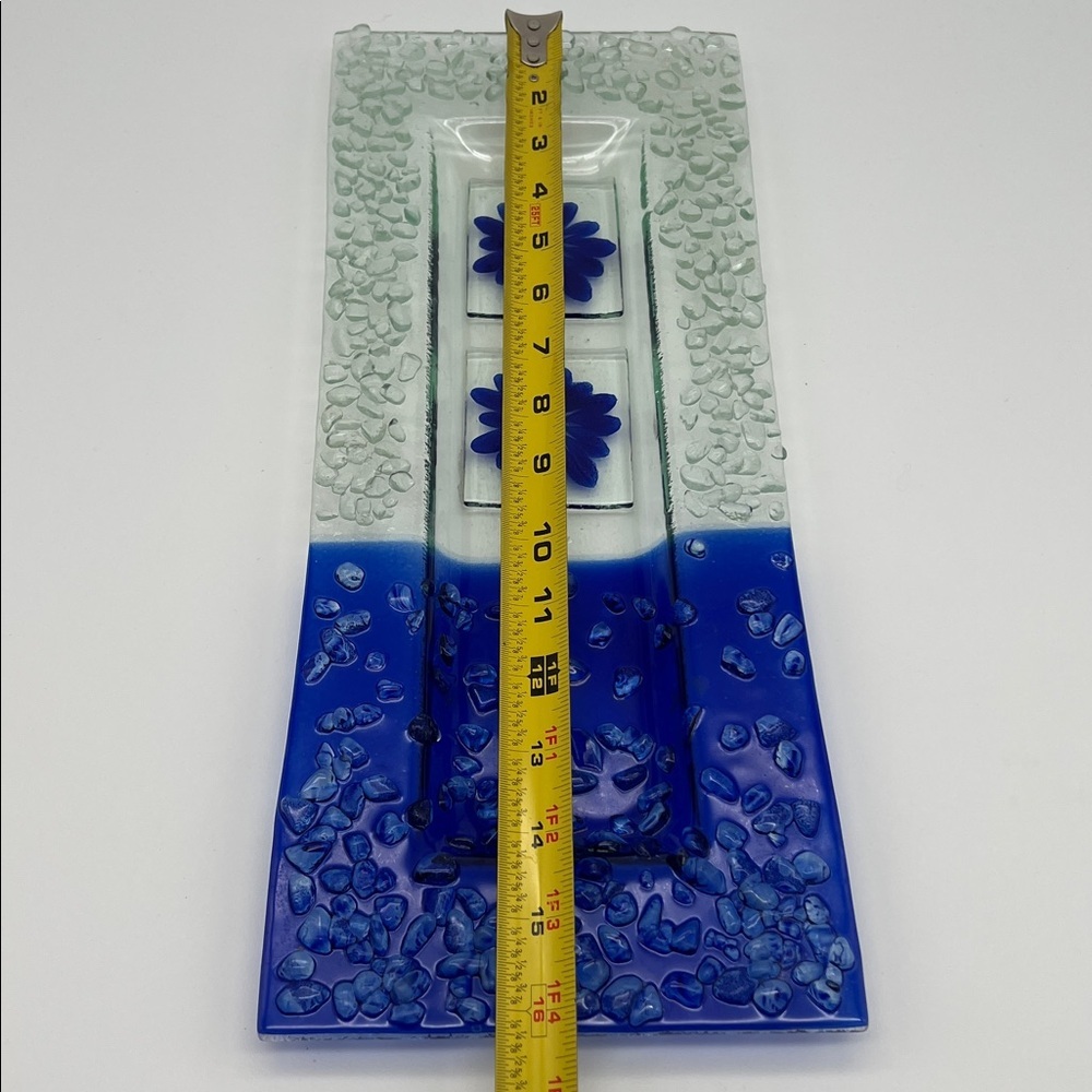 Fused Glass Art Tray Serving Platter with Pebble Finish and Blue Daisy Design - Picture 7 of 8